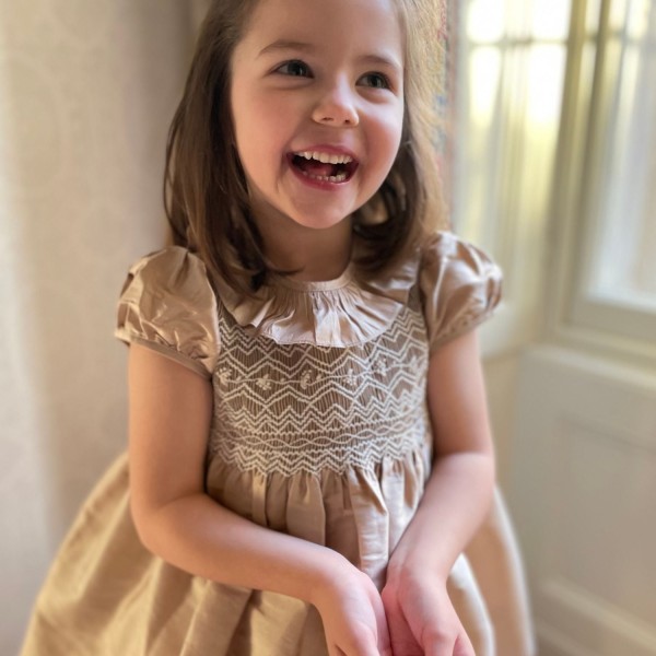 Diana Special Occasion Dress Champagne Silk with Gypsophila Hand Smocking