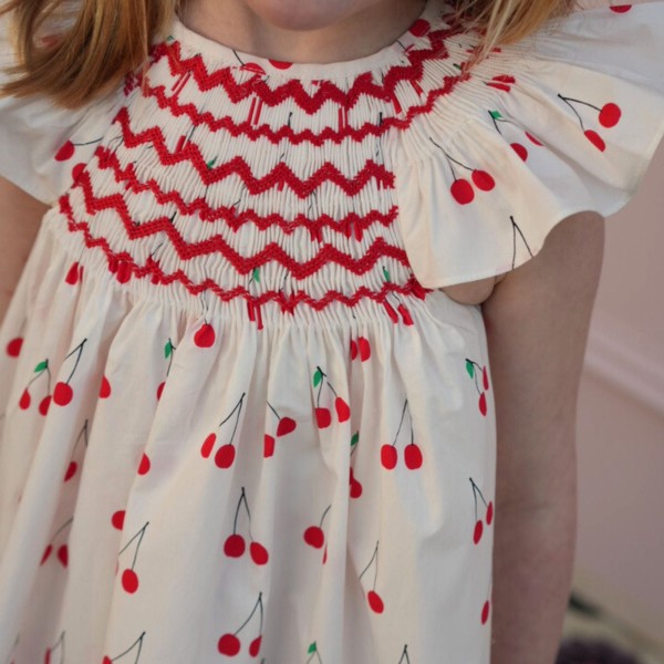 Indira Gandhi Flutter Dress Mon Cherry Cotton with a La Mode Hand Smocking