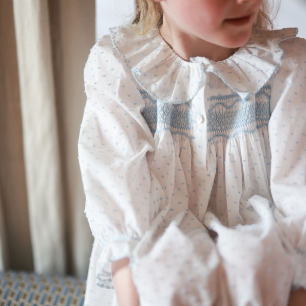 Nightingale Girl's Dress Forget Me Not Plumetti with Delphinium Hand Smocking