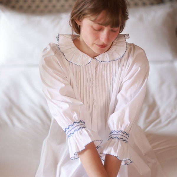 Bessie Coleman Women's Dress Moonstone Cotton with Sapphire Hand Smocking