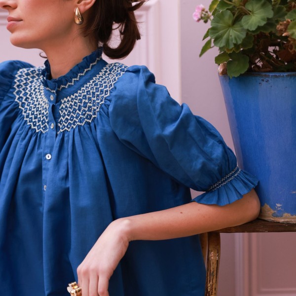 Scholl Blouse Cobalt Linen with Vanilla Hand Smocking Edition 54