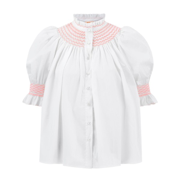 Scholl Women's Summer Blouse White with Coral Hand Smocking